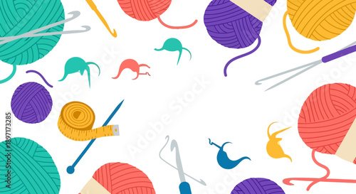 Colorful knitting pattern with yarn balls and knitting needles.