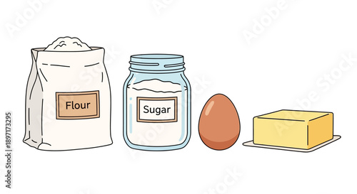 Cartoon Illustration of Basic Baking Ingredients Flour Sugar Egg and Butter.