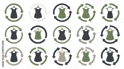 A set of 12 circular logo designs arranged in a 3x4 grid, all featuring a dress on a hanger with circular arrows around it (4)_traced