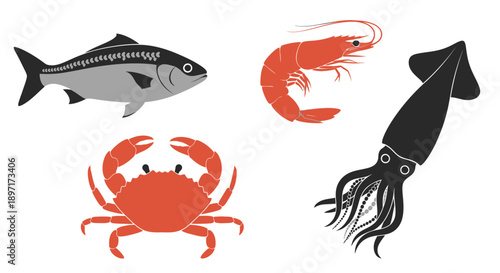 Vector Illustration Set of Seafood Including Fish Shrimp Crab and Squid.