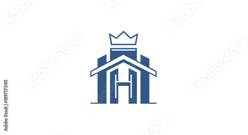 Simple blue logo of a building with a crown on top, symbolizing authority and grandeur.