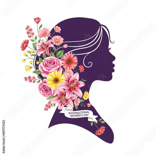A profile silhouette of a woman's face and neck filled with vibrant flowers and foliage, symbolizing growth and femininity from a side viewpoint