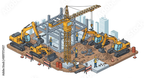 Construction site with excavators and crane building a structure.