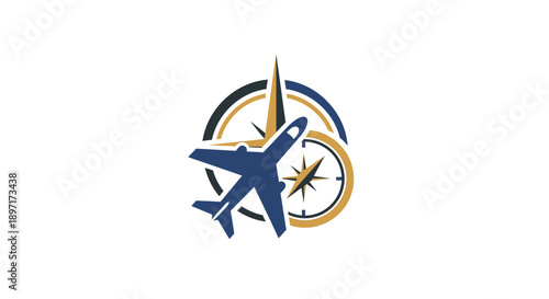 A blue airplane flying upwards surrounded by a compass design.