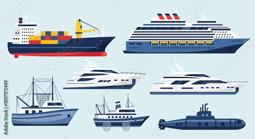 Collection of Various Watercraft and Maritime Vessels.