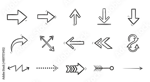 Collection of Hand Drawn Arrow Icons in Various Directions.