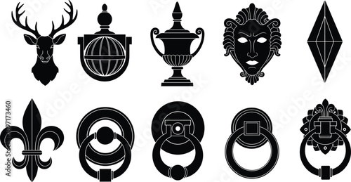 Black silhouette vector set of vintage decorative door knockers and classical architectural elements including deer head fleur de lis urn and theatrical mask icons