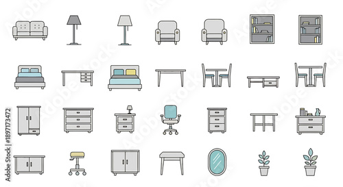Collection of modern furniture icons for interior design.