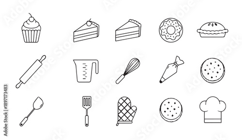 Baking Tools and Sweets Vector Icons Set Silhouette for Pastry and Dessert Creation