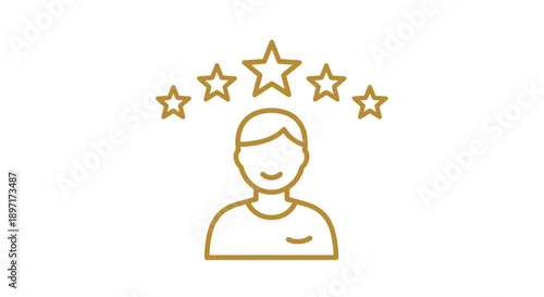 Simple line icon of a person with five stars above.