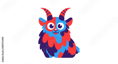 Colorful cartoon monster with horns and fluffy fur.