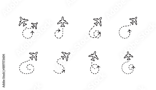 Airplane Flight Paths Vector Silhouettes with Dotted Lines and Arrows for Travel Concepts