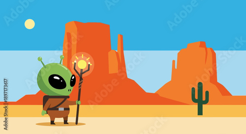 Cartoon alien holding a staff in a desert landscape with rock formations.
