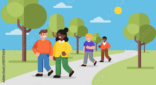 Group of diverse people walking together on a park path.
