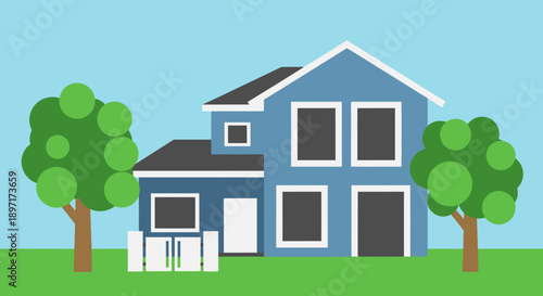 Illustration of a blue two-story house with trees and a lawn.