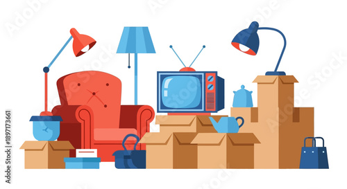 Cluttered Space with Furniture and Household Items.