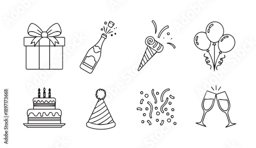 Birthday Party Celebration Icons Set: Gift, Champagne, Party Popper, Balloons, Cake, Hat, Confetti, Toast