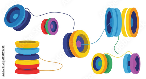 Colorful yo-yo toys arranged in a playful pattern on a white background.
