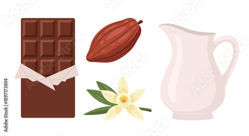 Illustrated Chocolate Bar with Cocoa Pod, Milk Jug, and Vanilla Blossom.