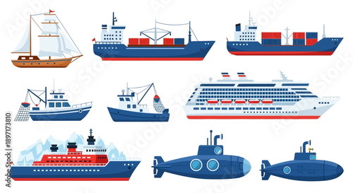 Collection of Various Maritime Vessels and Submarines.