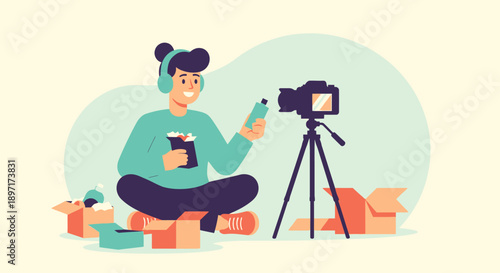 Woman creating content for social media with camera and headphones.