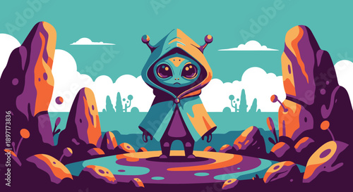 Mysterious Alien Character in a Vibrant Landscape.