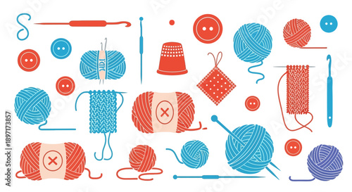 Collection of knitting tools and materials in red and blue hues.