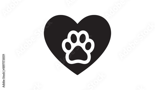 Black Heart with White Paw Print Silhouette Icon Vector