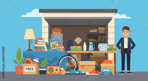 Man standing beside a garage sale with various items on display.