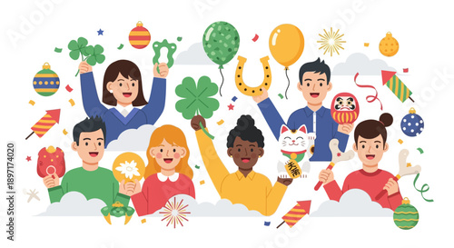 Diverse group of people celebrating St Patricks Day with festive decorations.