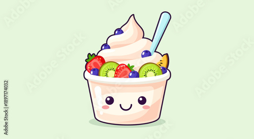 A cartoon cup of yogurt with fruit and a smiley face.