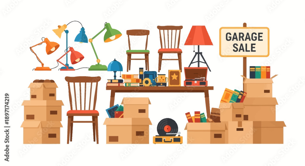 Obraz premium Garage Sale Items Displayed on Table and Boxes.