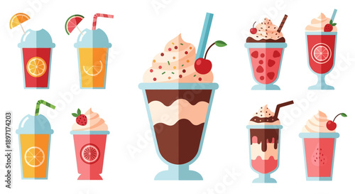 Assorted milkshakes and desserts with various toppings and flavors.