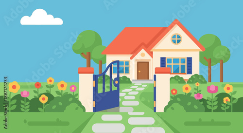 Quaint suburban home with garden and pathway.