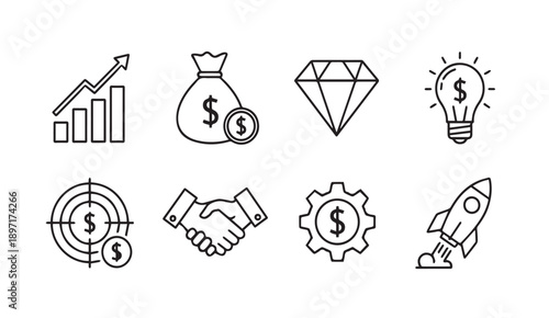 Business Finance Icons: Growth, Money Bag, Diamond, Idea, Target, Handshake, Gear, Rocket