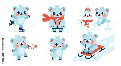 Cartoon blue bear character set enjoying winter activities.