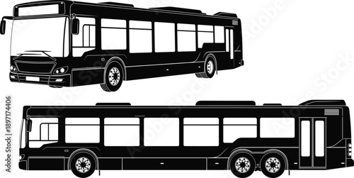 City transit bus silhouette set with side and perspective views isolated on white background for public transportation vector icons, urban commute and logistics.