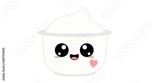 Cute cartoon yogurt with heart and smiling face.