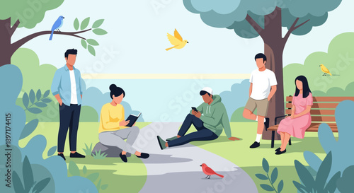 Group of young adults relaxing in a serene park setting.