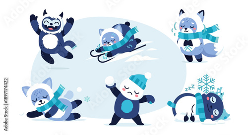 Cartoon raccoons enjoying winter activities with scarves and hats.