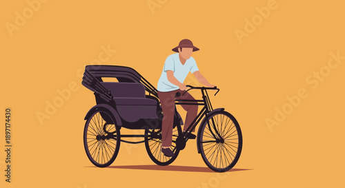 Man riding a rickshaw bicycle on orange background.