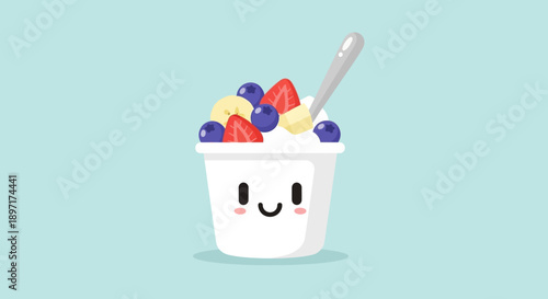 A cartoon yogurt cup with fruit and a spoon, smiling face on a light blue background.