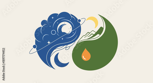 Yin Yang Symbol with Celestial and Natural Elements.