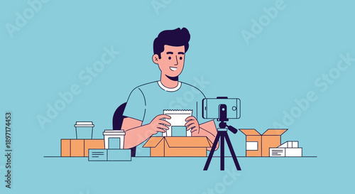 Man recording unboxing video with smartphone on tripod.