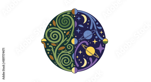 Stylized illustration of the Earth with celestial elements and swirling patterns.