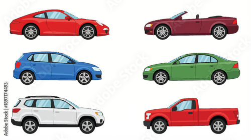 colorful cars in different styles and colors on white background