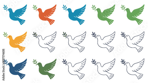 A set of 12 minimalist dove illustrations arranged in a 3x4 grid. Each dove is holding a small green olive branch in its beak (2)_traced