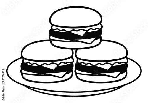 Stacked Hamburgers on a Plate - Simple Line Art Illustration
