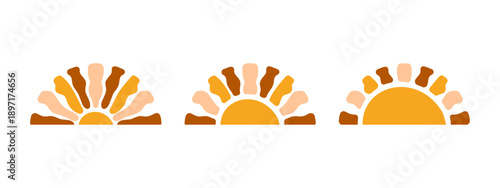 Half-sun shapes isolated on white background. Wavy sunny rays in semicircle forms. Sunrise or sunset signs. Spring or summer theme print. Happy positive vibes concept. Vector flat illustration.