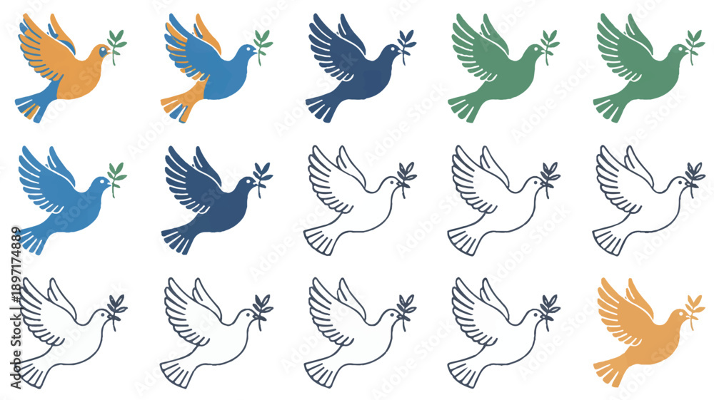 Obraz premium A set of 12 minimalist dove illustrations arranged in a 3x4 grid. Each dove is holding a small green olive branch in its beak (4)_traced